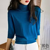 【初色】純色五分袖高領短版針織衫打底內搭上衣-共3色-90151(F可選) F 藍色