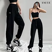 【AMIEE】休閒高腰寬鬆直筒縮口棉褲(4色/M-2XL/KDPQ-215) L 黑色