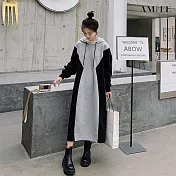 【AMIEE】設計感撞色拼接連帽洋裝(黑灰色/L-3XL/KDDQ-0670) 2XL 黑灰色