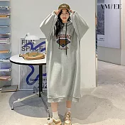 【AMIEE】舒適刷毛寬鬆連帽衛衣洋裝(2色/L-3XL/KDDQ-7906) 2XL 灰色
