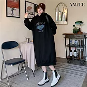 【AMIEE】舒適刷毛寬鬆連帽衛衣洋裝(2色/L-3XL/KDDQ-7906) 2XL 黑色