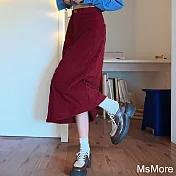【MsMore】 復古高腰燈芯絨半身裙純色顯瘦A字節慶過年長裙# 120214 L 西瓜紅色