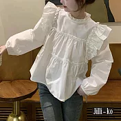 【Jilli~ko】荷葉邊娃娃襯衫甜美清新寬鬆設計上衣 J11318 FREE 白色