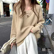 【Jilli~ko】慵懶風V領毛衣女寬鬆設計感針織中大尺碼 J11315 FREE 淺卡其