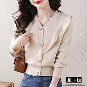 【Jilli~ko】荷葉邊毛衣女V領復古翻領針織開衫 J11325  FREE 杏色