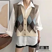 【Jilli~ko】配色菱格毛呢針織背心 1328  FREE 淺咖