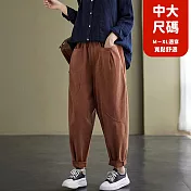 【慢。生活】棉質百搭鬆緊腰休閒褲拼接口袋中大尺碼 J11285 FREE 淺咖
