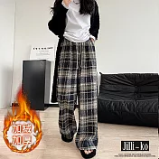 【Jilli~ko】加絨加厚毛呢格子褲女高腰顯瘦休閒直筒褲 J11331 FREE 黑色
