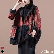 【ACheter】 文藝大碼棉麻感棉衣格子長袖外套大碼寬鬆連帽棉襖中長保暖# 120123 L 紅色