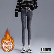 【Jilli~ko】加絨加厚高腰牛仔褲女緊身彈力鉛筆褲 M-L J11051  L 深灰