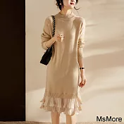 【MsMore】 懶廓形高質羊毛感寬鬆木耳邊裙擺拼接連身裙長袖長版洋裝# 120427 FREE 杏色