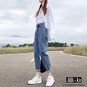 【Jilli~ko】可調節高腰寬鬆牛仔蘿蔔直筒褲 M-2XL J11000  L 藍色