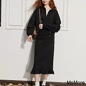【MsMore】 專櫃黑色休閒運動套裝小個子棉質短連帽印花外套+半身小荷葉魚尾長裙兩件式套裝# 120335 M 黑色
