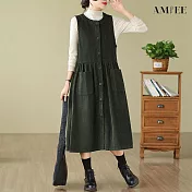 【AMIEE】燈芯絨無袖排扣背心連身洋裝(4色/M-3XL/KDDQ-8386) 2XL 墨綠色