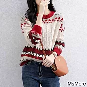 【MsMore】 圓領套頭針織衫長袖寬鬆羊毛感緹花毛衣短版百搭上衣# 120536 FREE 紅色