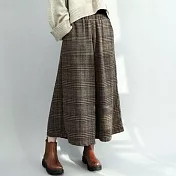 【AnZa】日系格子毛呢厚款保暖八分寬褲闊腿褲休閒褲長褲(2色) M 棕色