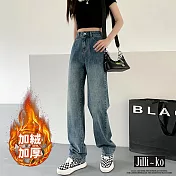 【Jilli~ko】加絨加厚女高腰顯瘦直筒拖地牛仔褲 M-2XL J11537  XL 藍色