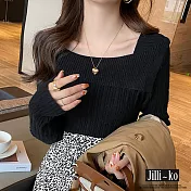 【Jilli~ko】一字肩毛衣女方領露肩氣質打底針織衫 J11504  FREE 黑色