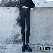 【Jilli~ko】高腰收腹提臀彈力修身排扣女鉛筆九分牛仔褲 M-XL J11581  XL 黑色