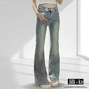 【Jilli~ko】復古水洗雙扣高腰女修身喇叭牛仔褲 J11578  L 藍色