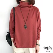 【初色】秋冬高領加厚純色保暖寬鬆長袖上衣-共5色-31673(M-2XL可選) XL 橘紅色