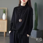 【初色】復古風鈕扣個性設計純色立領半高領長袖T恤上衣-共3色-31559(M-2XL可選) M 黑色