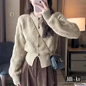 【Jilli~ko】單排扣波浪簇絨緹花圓領短款針織開衫 J11533  FREE 卡其