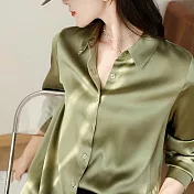 【MsMore】 緞面純色襯衫休閒百搭OL風寬鬆長袖通勤短版上衣# 120605 M 果綠色