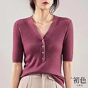 【初色】V領單排釦清涼薄款五分短袖針織衫上衣-共4色-70210(F可選) F 紫色