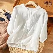 【初色】七分袖連帽排扣收口衣襬中大碼休閒襯衫上衣-共3色-68978(M-XL可選) L 白色
