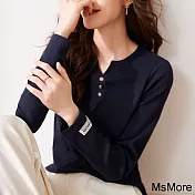 【MsMore】 紐扣裝飾簡約藏青色長袖圓領休閒輕薄舒適百搭短版上衣# 120654 M 藏青色