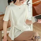 【初色】圓領不規則側綁腰帶T恤上衣女上衣-共3色-60957(M-2XL可選) M 白色