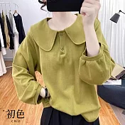 【初色】純色娃娃領翻領寬鬆長袖T恤POLO衫上衣-共4色-31565(M-2XL可選) M 黃色