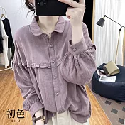 【初色】復古荷葉邊翻領開衫素色拼接燈籠袖長袖襯衫上衣-共4色-31560(M-2XL可選) M 紫色