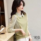 【初色】翻領條紋襯衫拼接假兩件長袖寬鬆衛衣上衣-共2色-31752(M-2XL可選) L 綠色