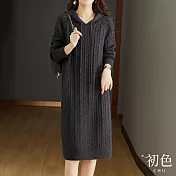 【初色】簡約素色針織麻花編織抽繩連帽長袖寬鬆顯瘦打底內搭中長裙連身裙洋裝-共4色-31794(F可選) F 灰色