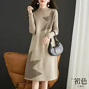 【初色】半高領螺紋長袖針織內搭打底連衣裙洋裝-駝色-31782(F可選) F 駝色