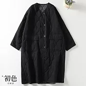 【初色】復古素色拼接壓紋寬鬆長袖保暖中長款防風大衣休閒外套-共3色-31845(M-2XL可選) L 黑色