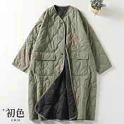 【初色】復古素色拼接壓紋寬鬆長袖保暖中長款防風大衣休閒外套-共3色-31845(M-2XL可選) L 綠色