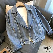 【初色】韓版翻領拼接短款長袖牛仔夾克外套-藍色-31829(M-XL可選) L 藍色
