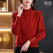 【初色】休閒寬鬆純色簡約半高長袖針織衫T恤毛衣上衣女上衣-共4色-32012(F可選) F 紅色