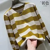 【初色】簡約V領寬條紋針織衫長袖寬鬆毛衣T恤針織上衣女上衣-共4色-31898(F可選) F 黃色