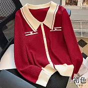【初色】小香風襯衫領撞色拼接珍珠扣飾長袖針織衫毛衣上衣女上衣-共3色-32096(F可選) F 紅色