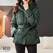 【初色】復古風保暖加厚半高領腰帶長袖口袋科技羽絨棉外套女上衣-墨綠色-31897(M-2XL可選) M 墨綠色
