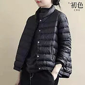 【初色】休閒運動簡約素色寬鬆中大尺碼立領排釦長袖防風保暖輕薄科技羽絨棉外套-共3色-31819(M-2XL可選) M 黑色