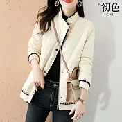 【初色】保暖拼色半高領排釦長袖科技羽絨棉外套女外套-共2色-32115(M-2XL可選) M 杏色