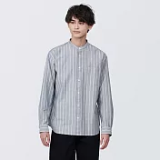 【MUJI 無印良品】男有機棉水洗牛津布立領長袖襯衫 S 深藍直紋