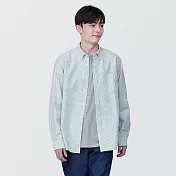 【MUJI 無印良品】男有機棉水洗牛津布扣領長袖襯衫 S 綠直紋