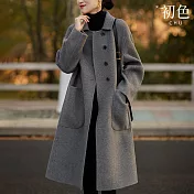 【初色】寬鬆顯瘦單排釦口袋翻領長袖毛呢大衣外套女外套-共2色-32027(M-2XL可選) L 灰色