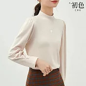 【初色】半高領純色保暖泡泡袖長袖T恤上衣女上衣-共2色-32035(M-2XL可選) M 灰杏色